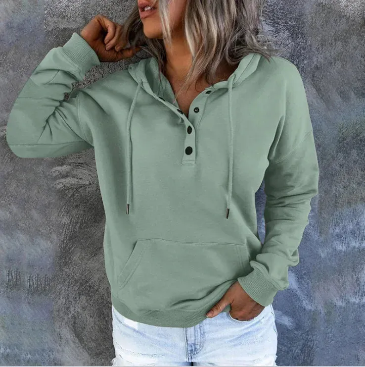 2023 Fashion Trend Long Sleeve Loose Casual V-collar Button Hooded Drawstring Pocket Hoodie