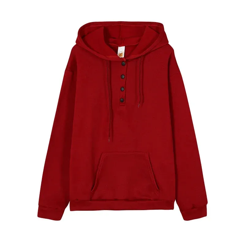 2023 Fashion Trend Long Sleeve Loose Casual V-collar Button Hooded Drawstring Pocket Hoodie