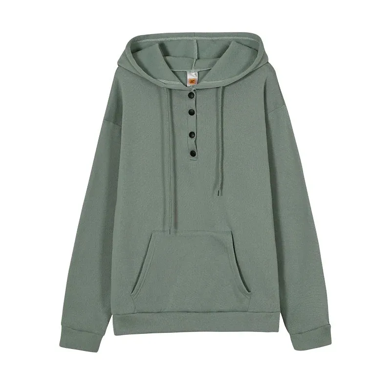 2023 Fashion Trend Long Sleeve Loose Casual V-collar Button Hooded Drawstring Pocket Hoodie