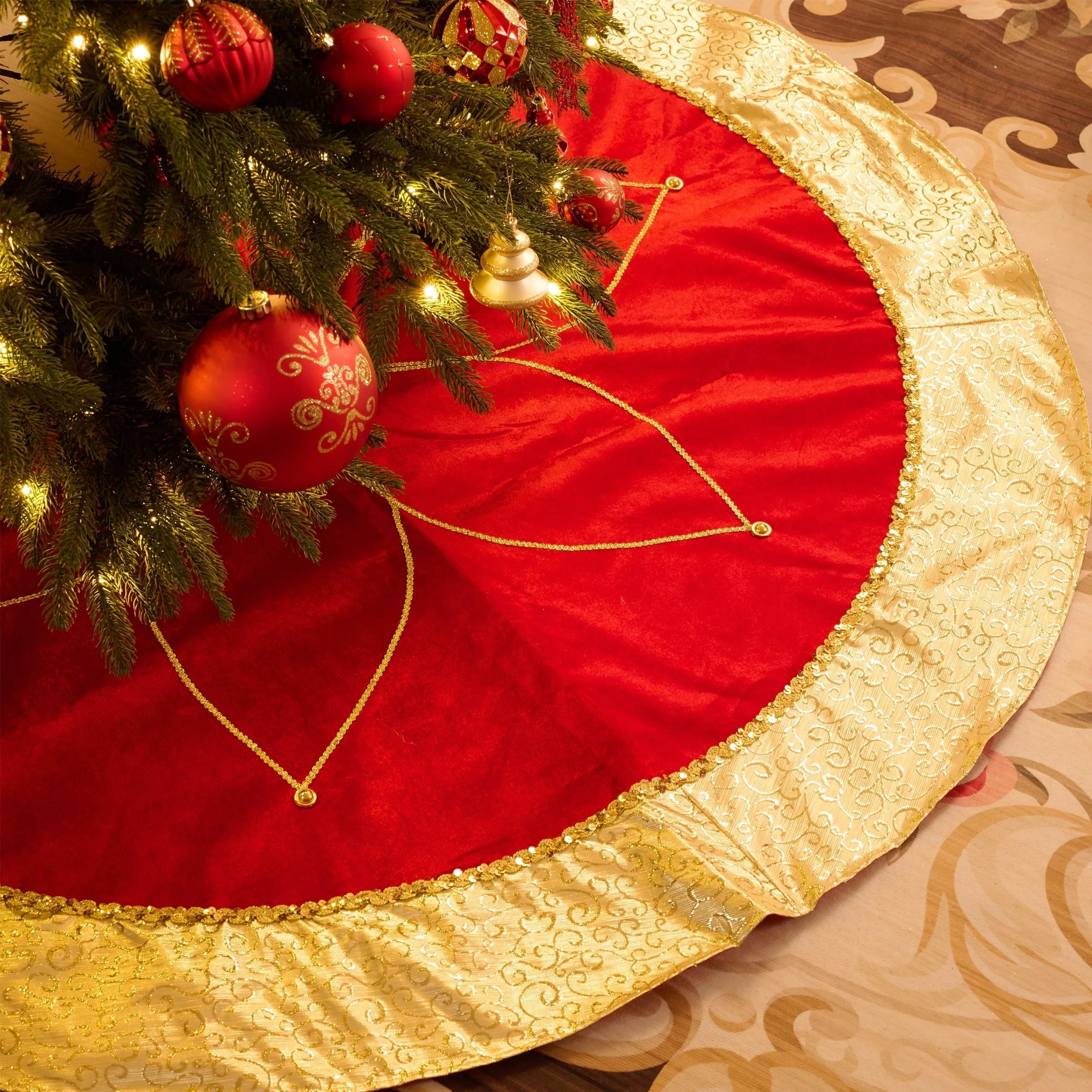 48" Christmas Tree Skirt, Luxury Gold Large Christmas Tree Skirt with Gold Sequin Trim