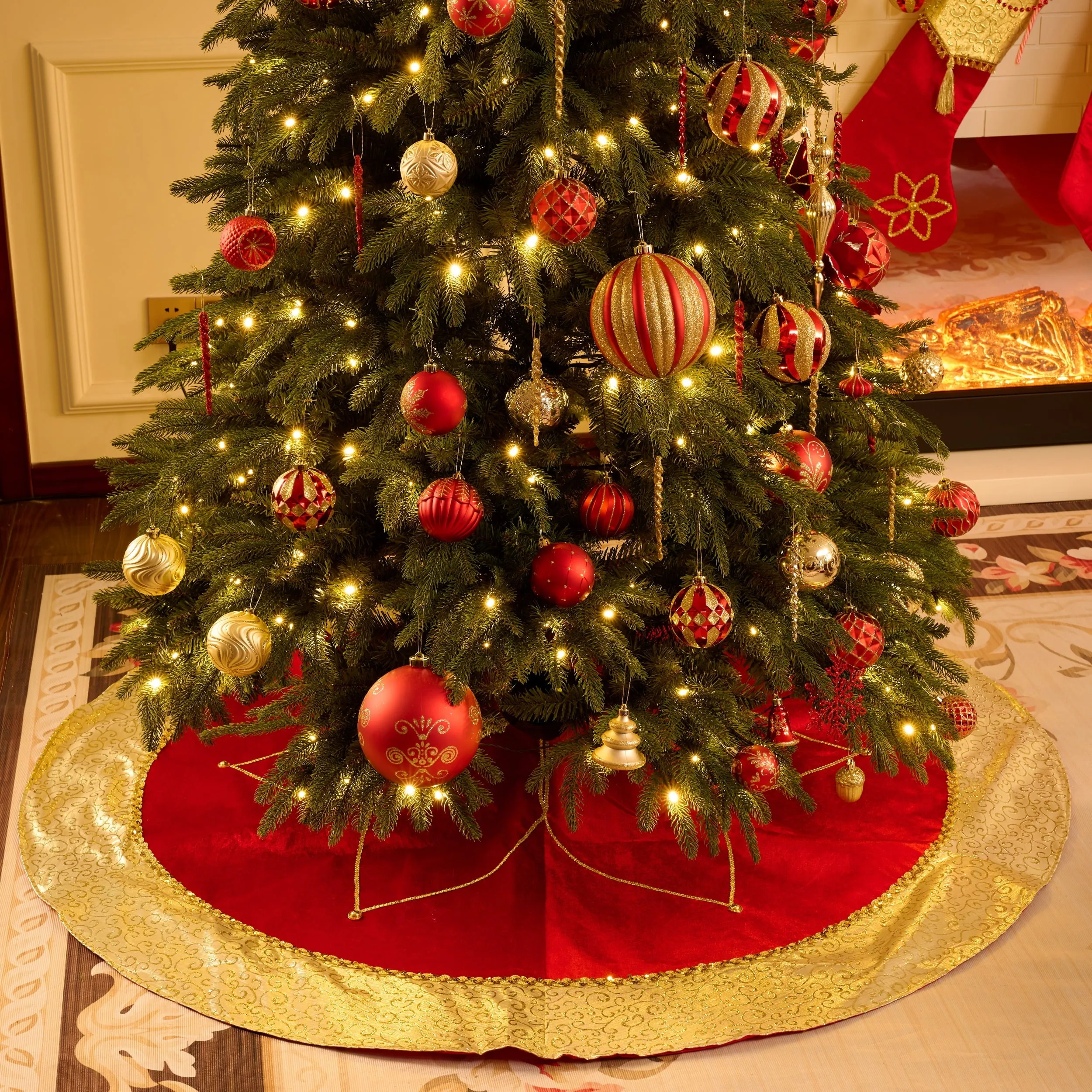 48" Christmas Tree Skirt, Luxury Gold Large Christmas Tree Skirt with Gold Sequin Trim