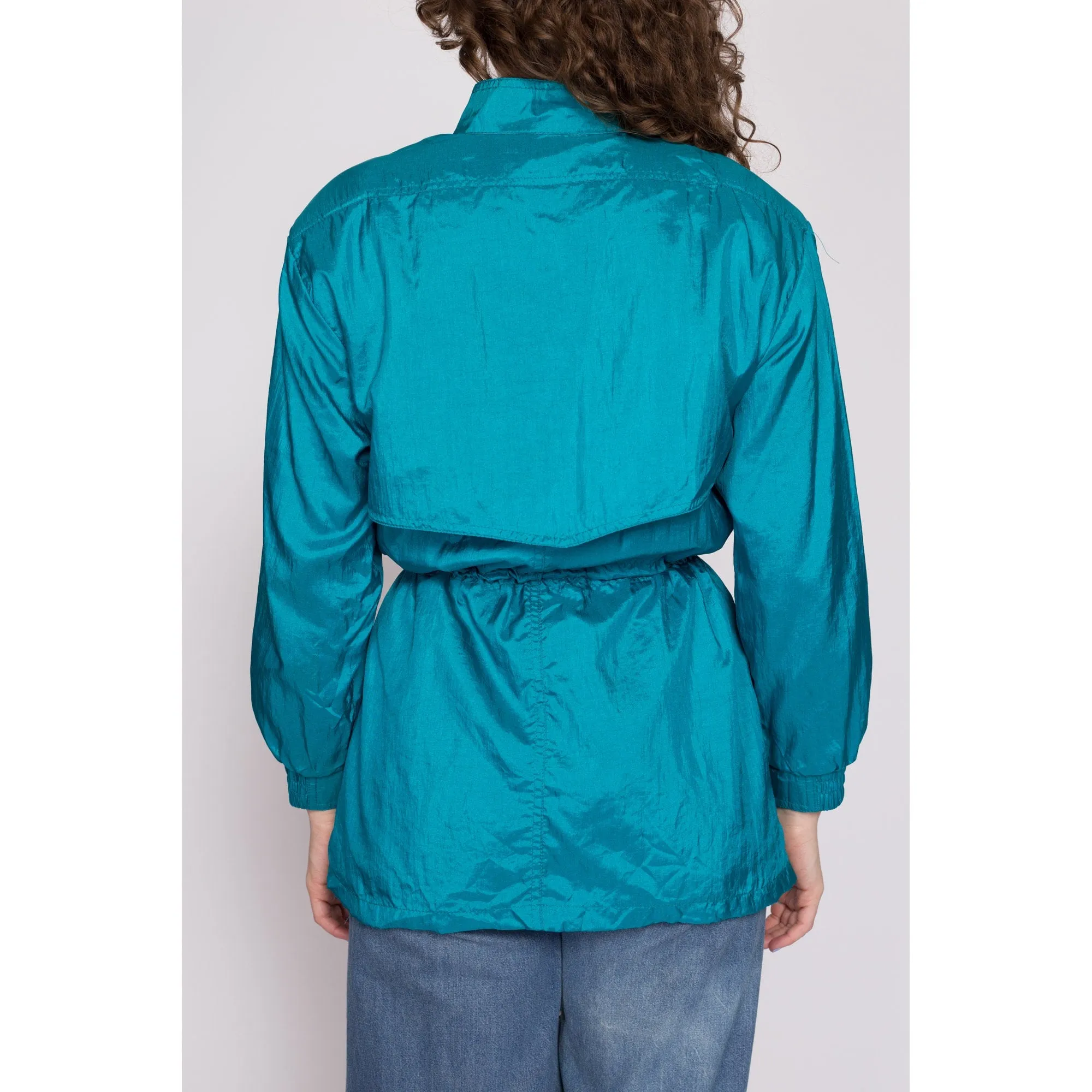 80s Blue Drawstring Waist Windbreaker Jacket - Petite Small to Medium