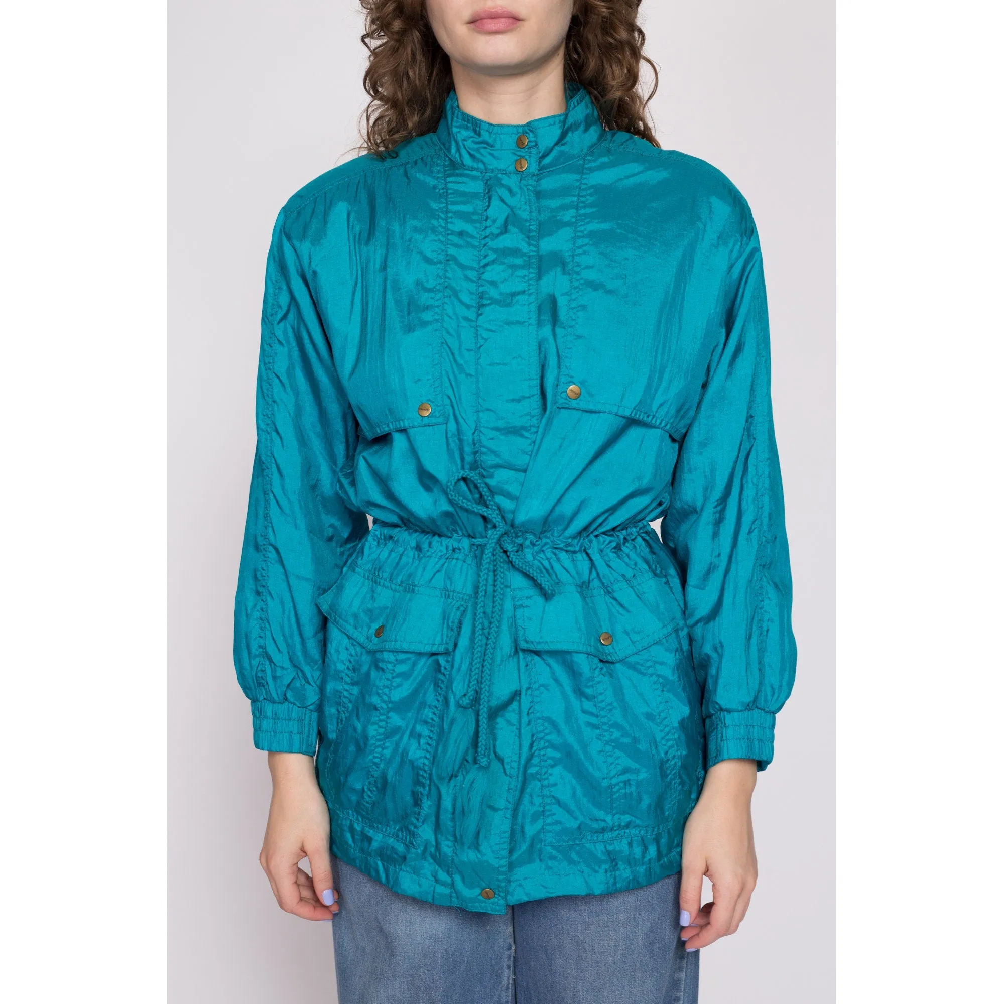 80s Blue Drawstring Waist Windbreaker Jacket - Petite Small to Medium