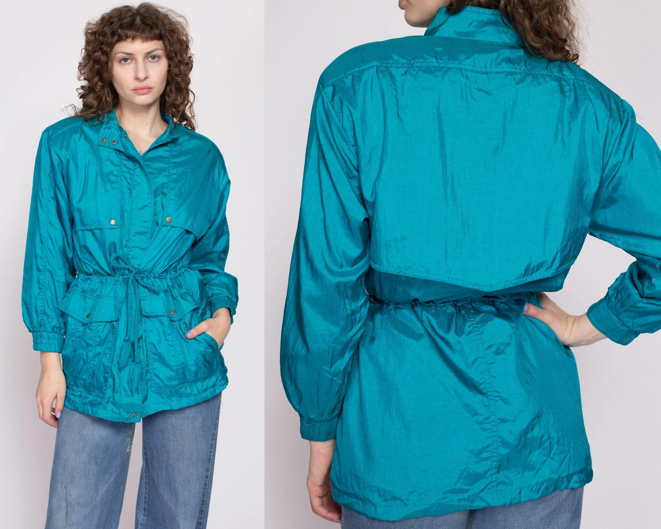 80s Blue Drawstring Waist Windbreaker Jacket - Petite Small to Medium