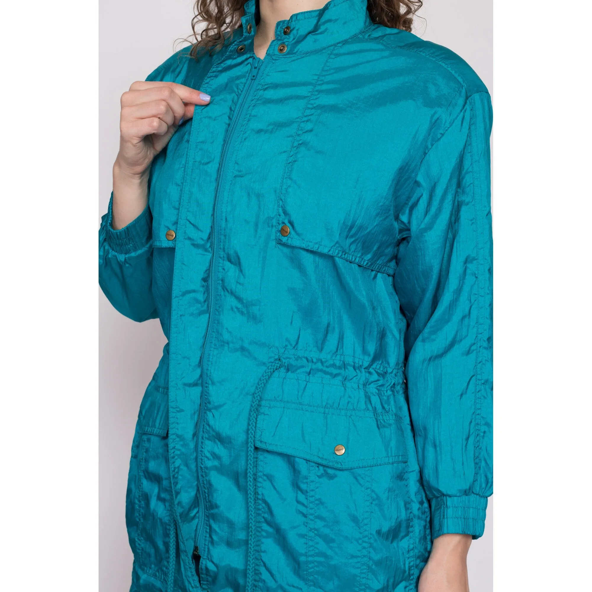 80s Blue Drawstring Waist Windbreaker Jacket - Petite Small to Medium