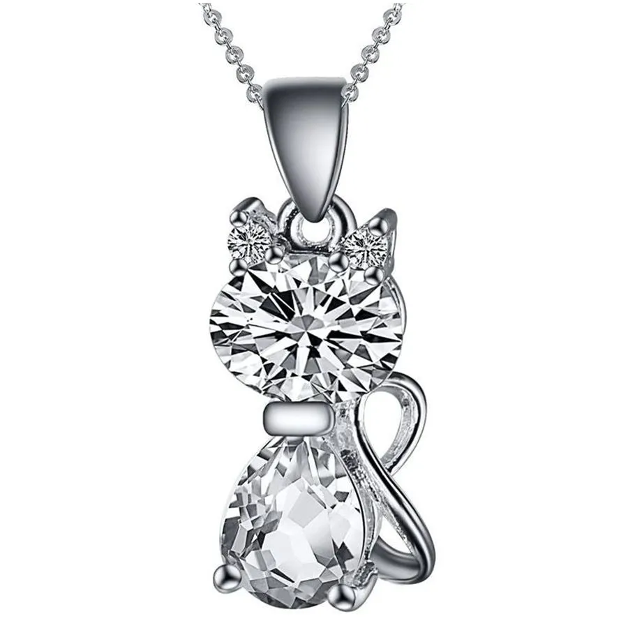 Animal Shape Zinc Silver Austrian Crystal Cubic Zirconia Cat Pendant Necklace For Women Fashion Engagement Wedding Dress Matching Necklace Jewelry