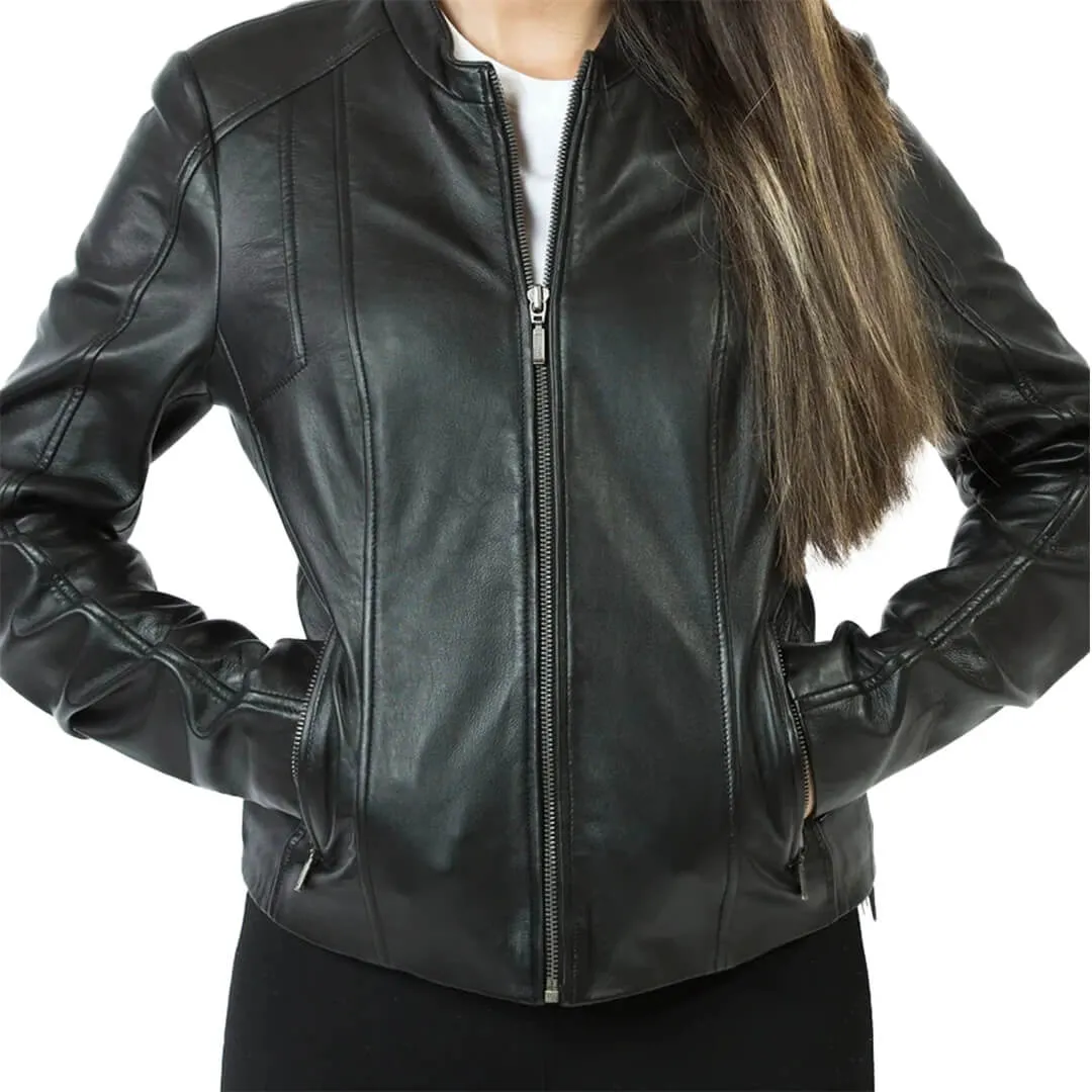 Black Leather Biker Jacket with Zipper Cuffs