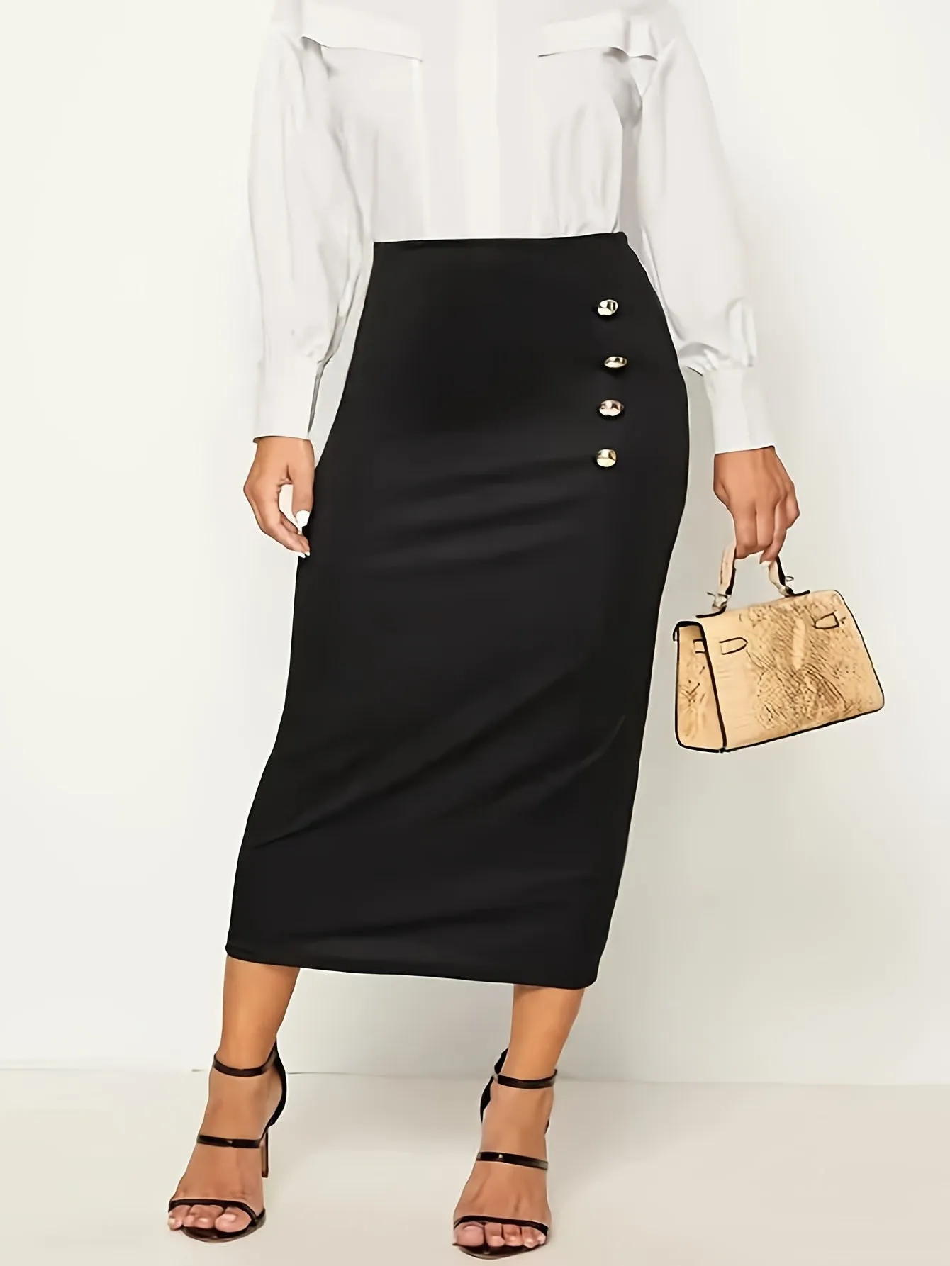 Button Front High Waist Maxi Elegant Slim Solid Work Office Skirts