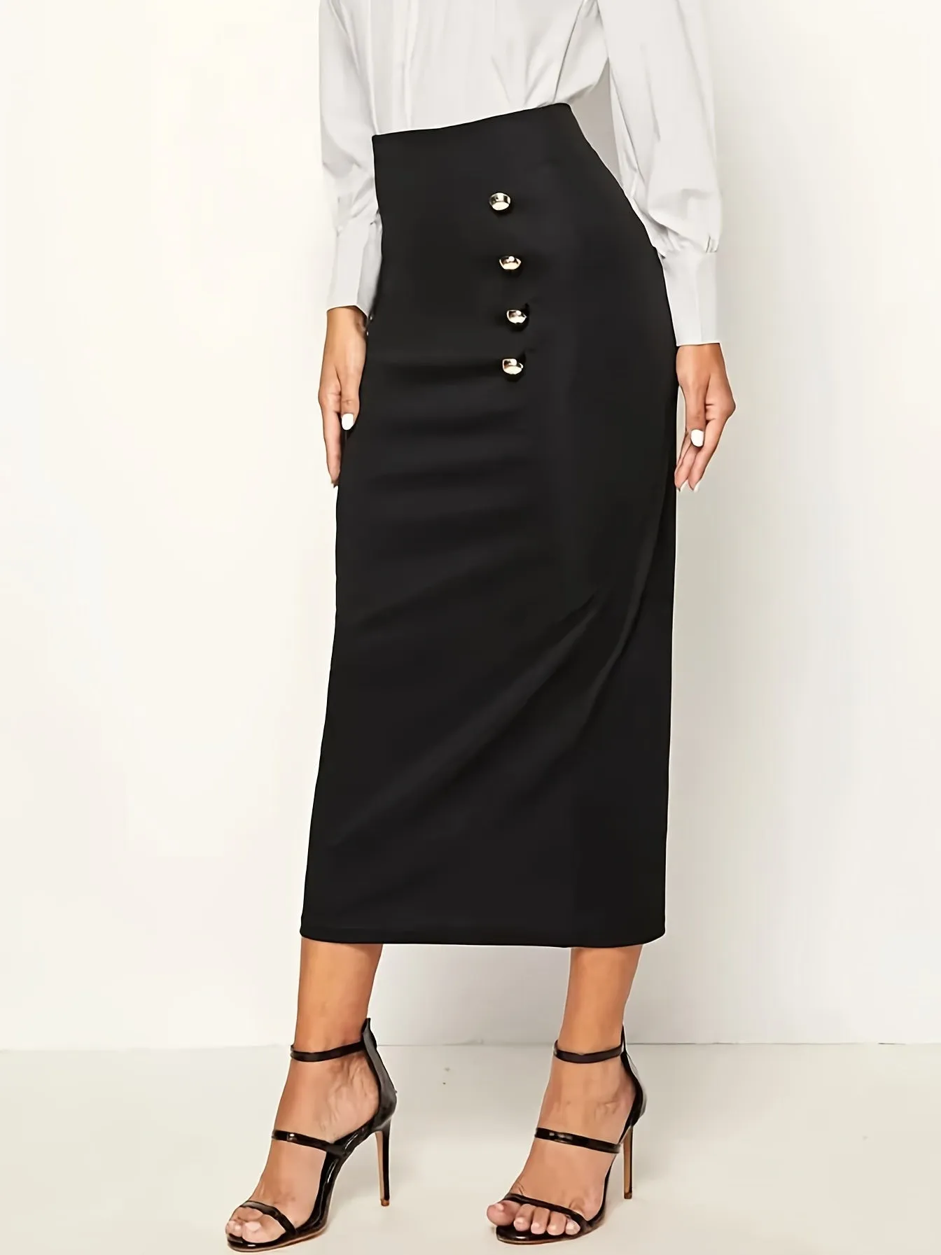 Button Front High Waist Maxi Elegant Slim Solid Work Office Skirts