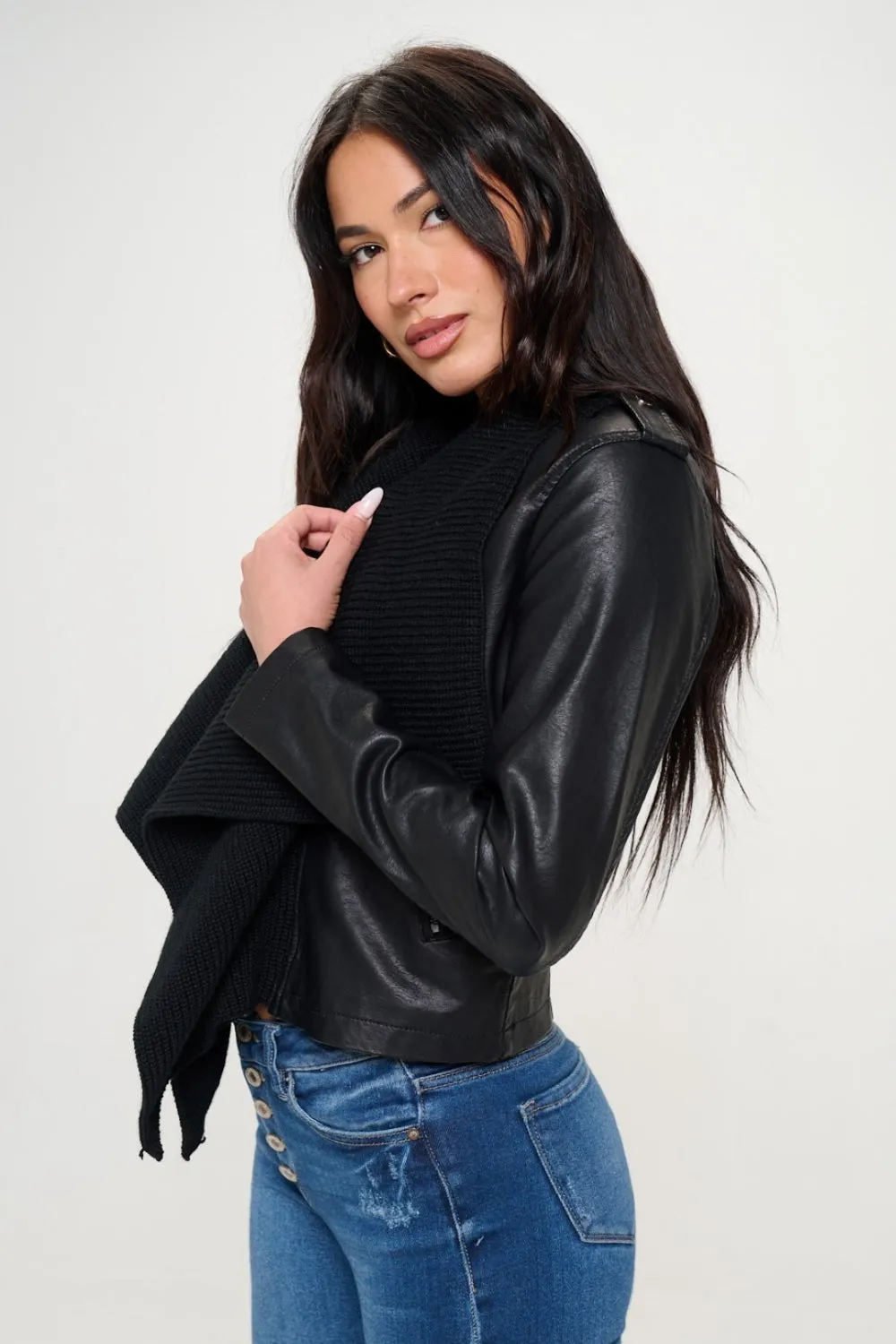 Coalition LA Knit Collared Faux Leather Crop Jacket