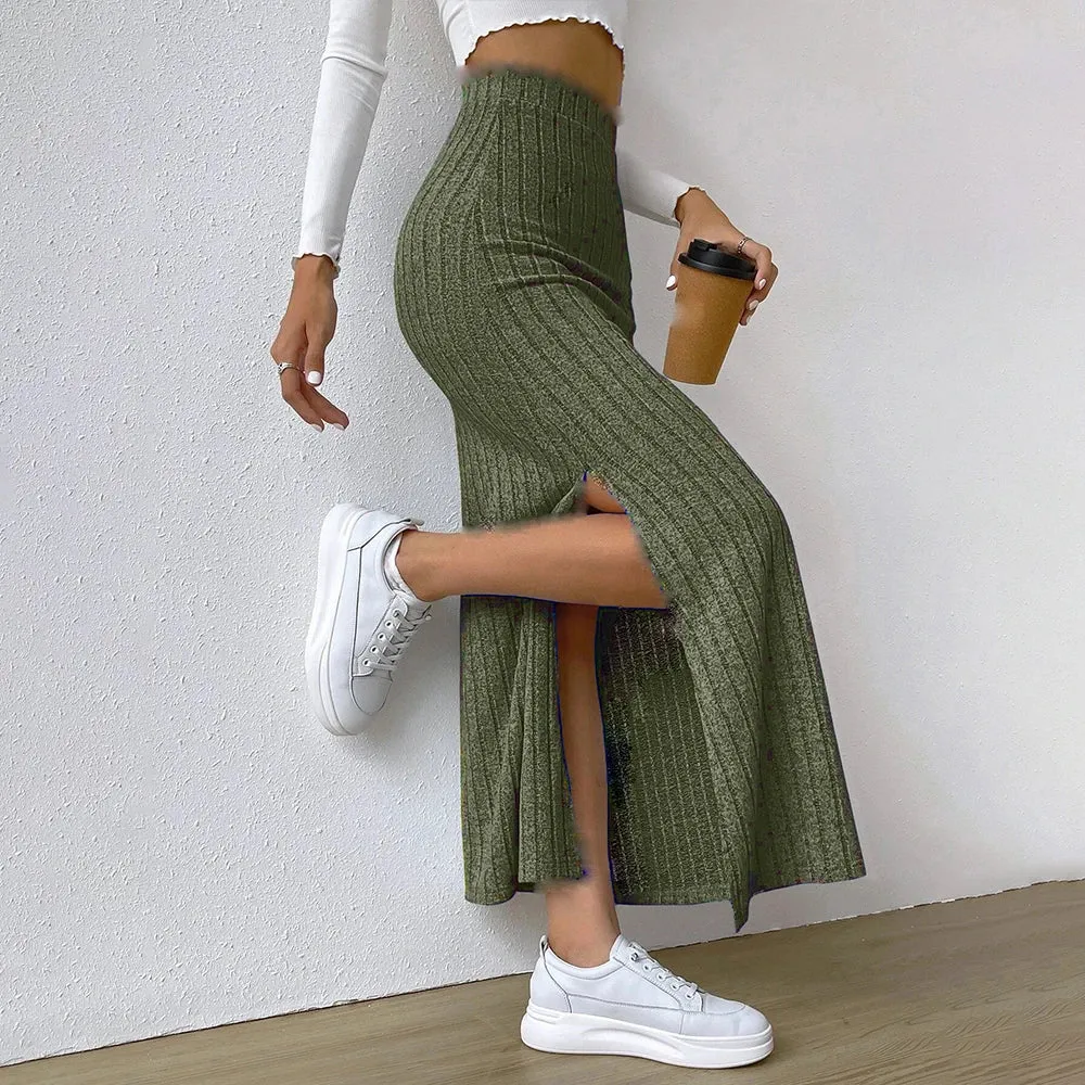 Elegant Ribbed Long Slim Fit Elastic Side Slit Skirt