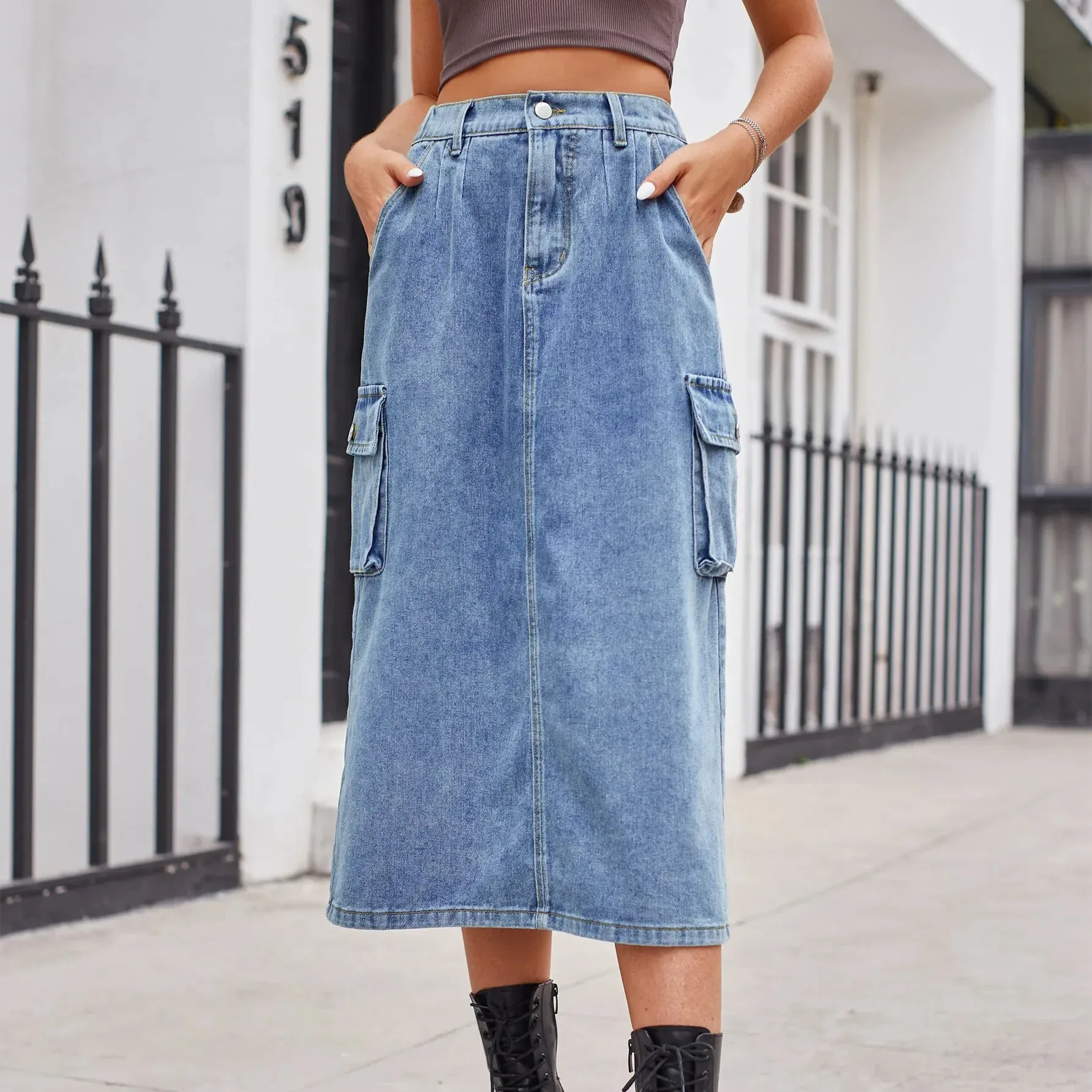 Elegant Straight Button Pockets Split Maxi Denim Skirt