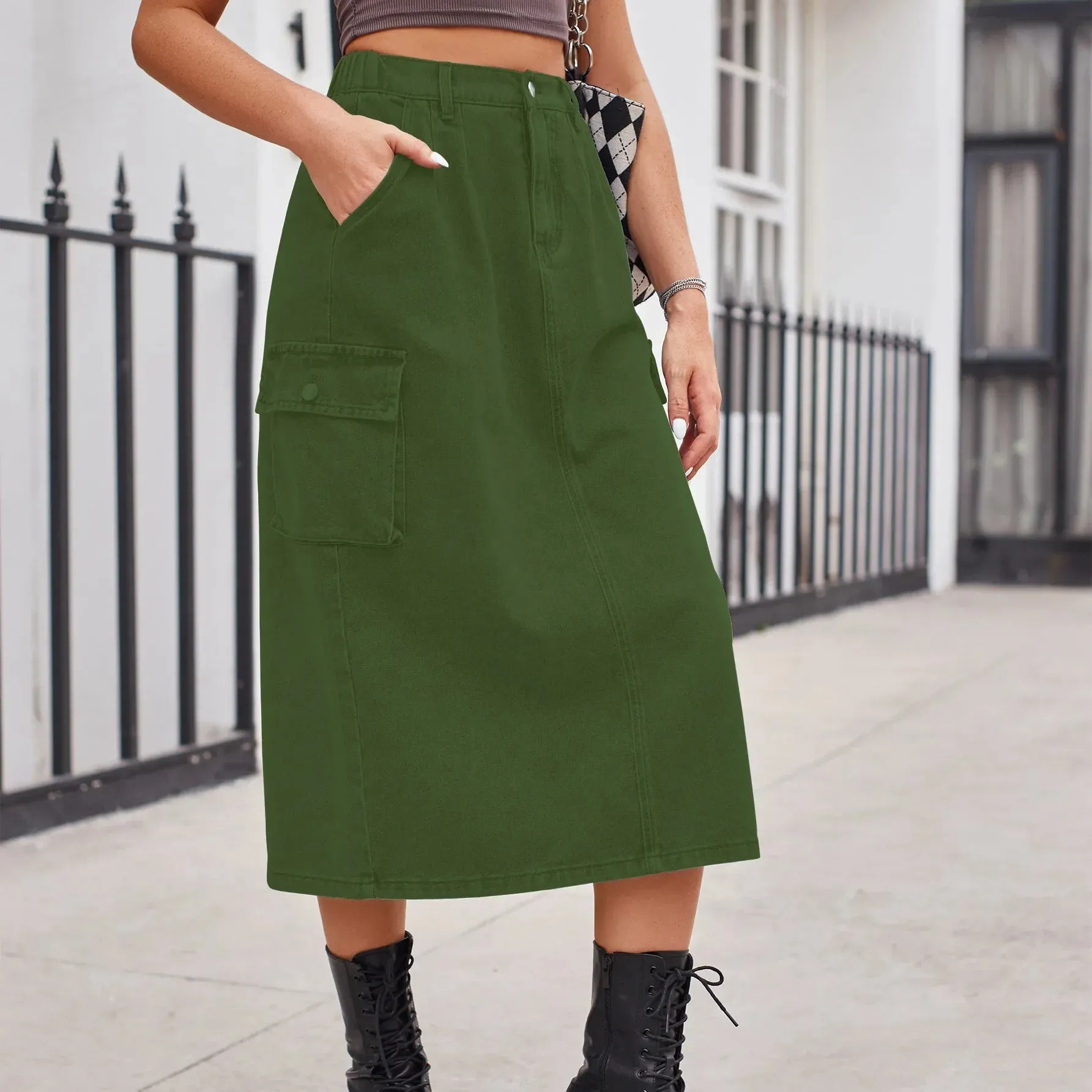 Elegant Straight Button Pockets Split Maxi Denim Skirt