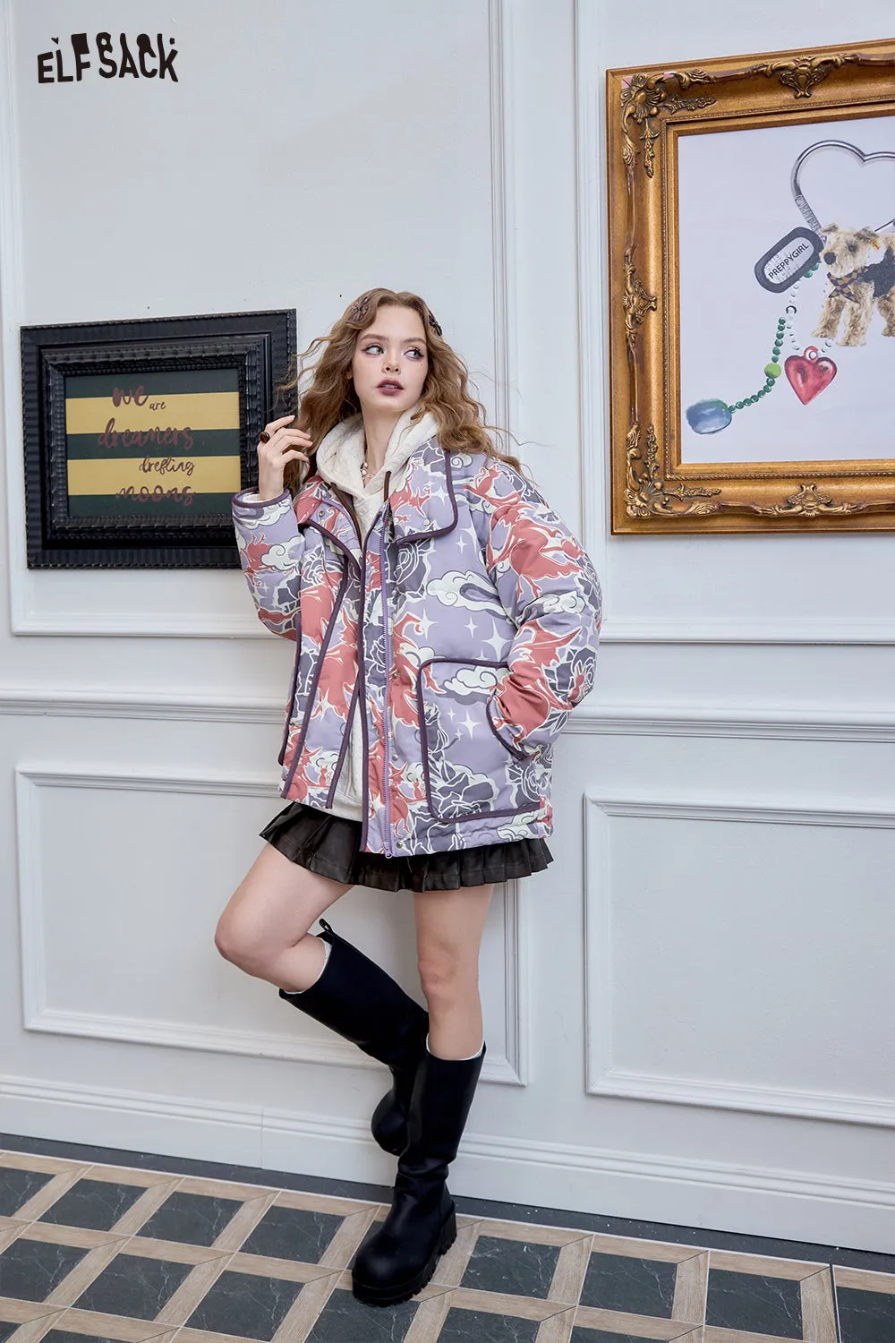 ELFSACK 2024 Winter New Arrivals Fashionable and trendy witch full print short down jacket for women