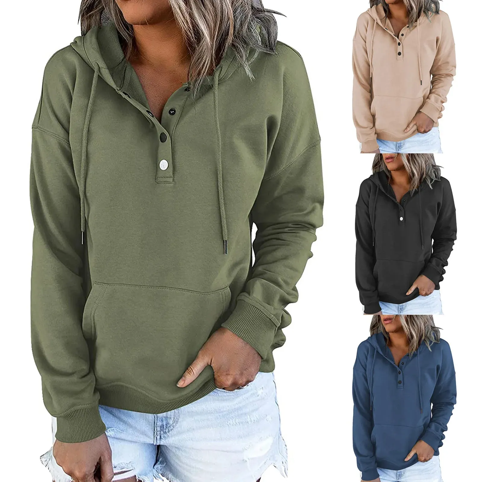 European and N Women's Long-sleeved Loose Casual Hooded Drawstring Pocket Hoodie