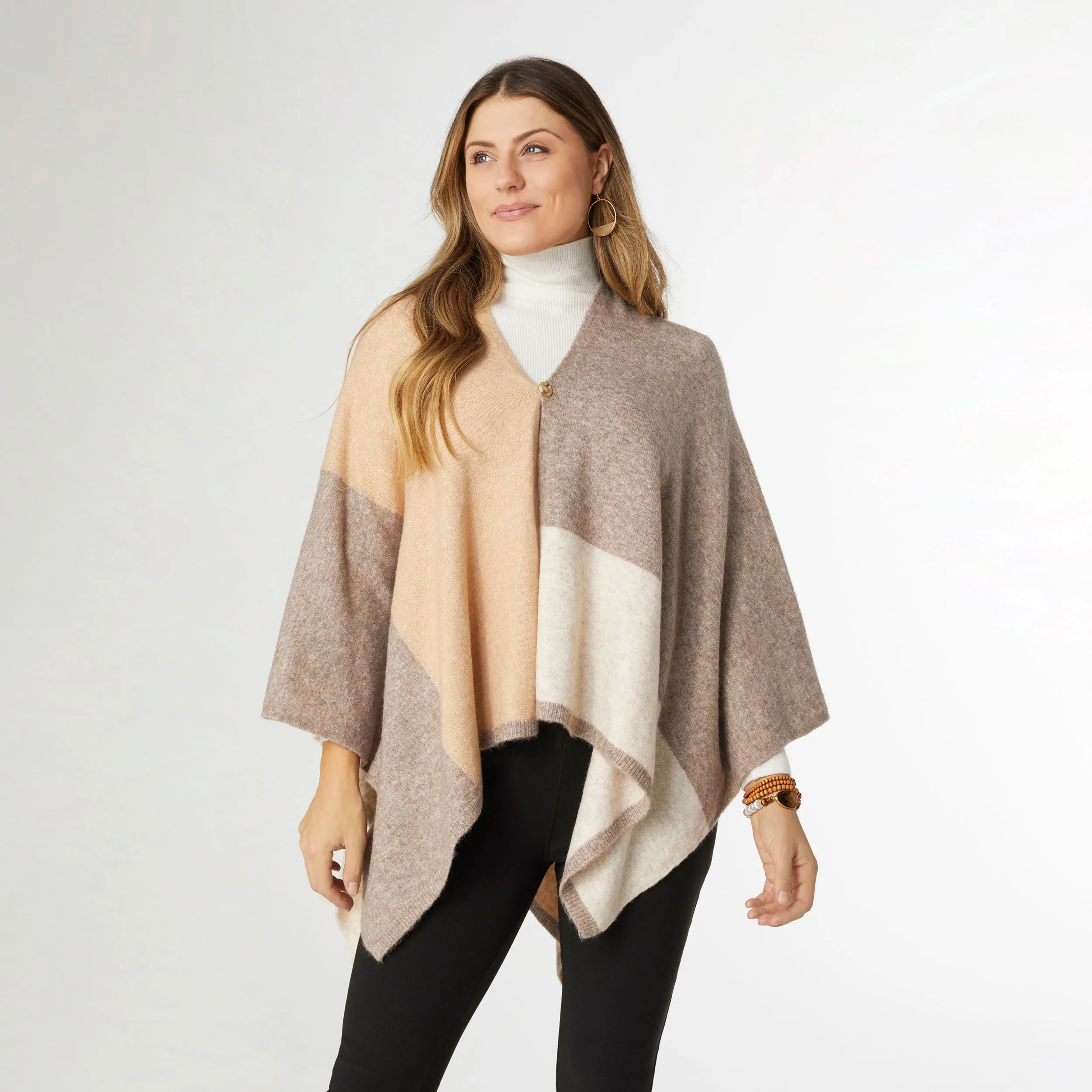 Everly Supersoft Button Front Poncho - Brown/Beige