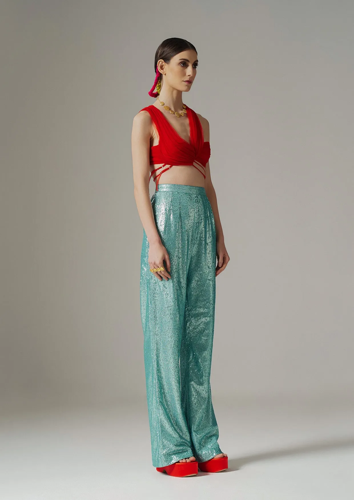 Flared Sequin Wide-Legged Trousers