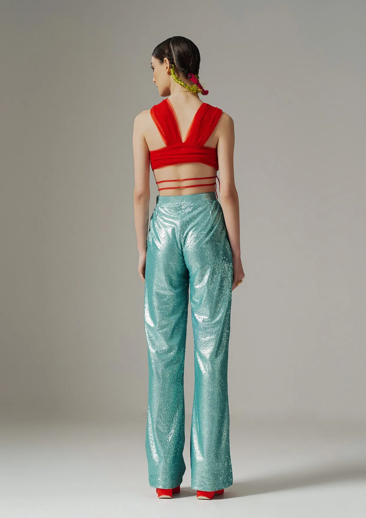 Flared Sequin Wide-Legged Trousers