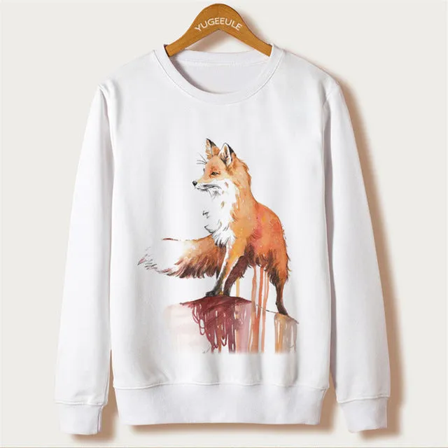 Fox Harajuku Sweatshirt Women Pullover 2017 Casual Animal Print White Hoodies Full Sleeve O-neck Women Clothing Casual Hooded