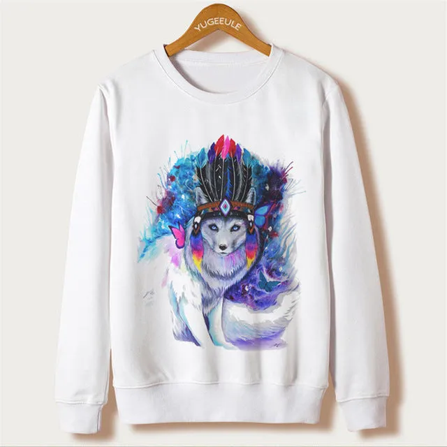 Fox Harajuku Sweatshirt Women Pullover 2017 Casual Animal Print White Hoodies Full Sleeve O-neck Women Clothing Casual Hooded