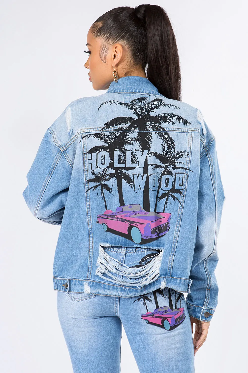 Graphic Distressed Long Sleeve Denim Jacket