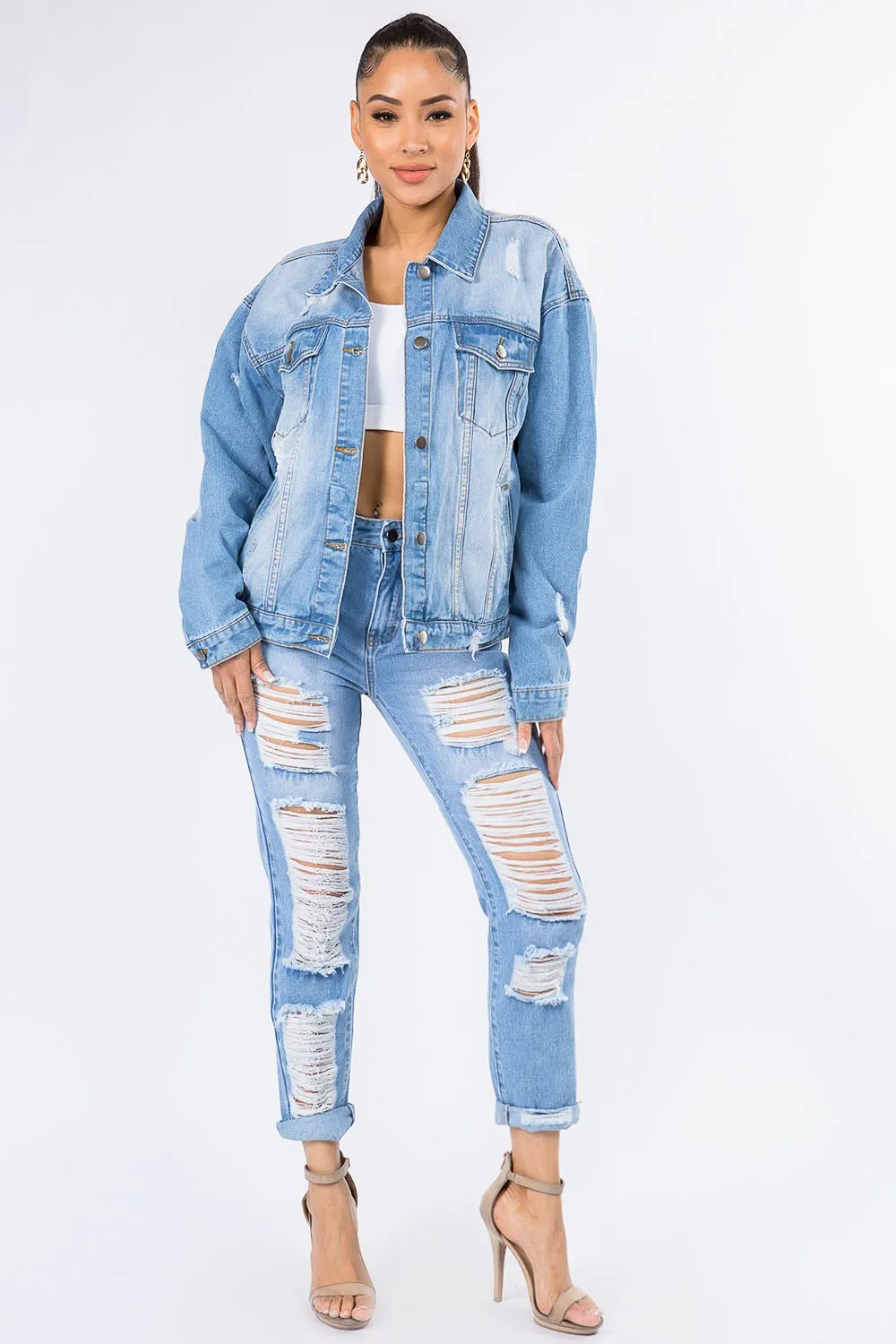 Graphic Distressed Long Sleeve Denim Jacket