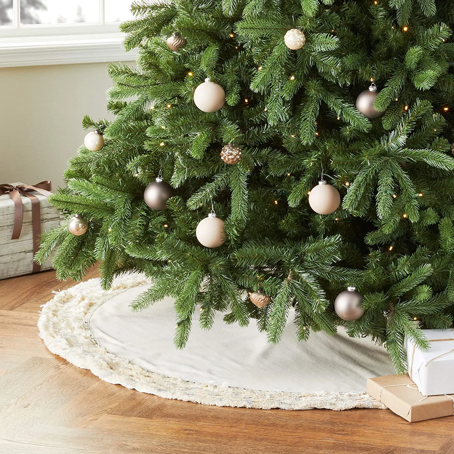 Handmade Christmas Tree Skirt in Recycled Wool - Cream with Fringe Border - 60"