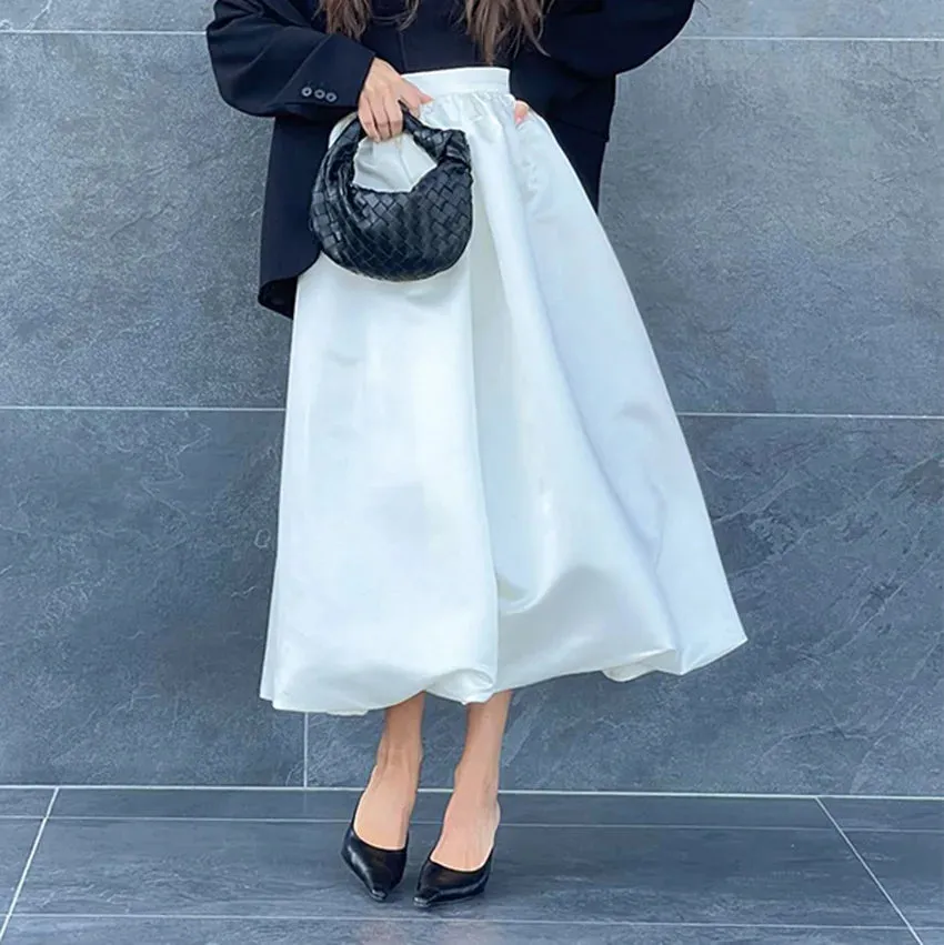 High White Fashion Satin Street Chic Spring Elegant New Pleated Skirt