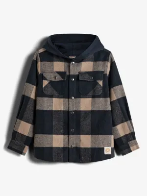 Hooded Plaid Shacket - Tween - Navy/beige