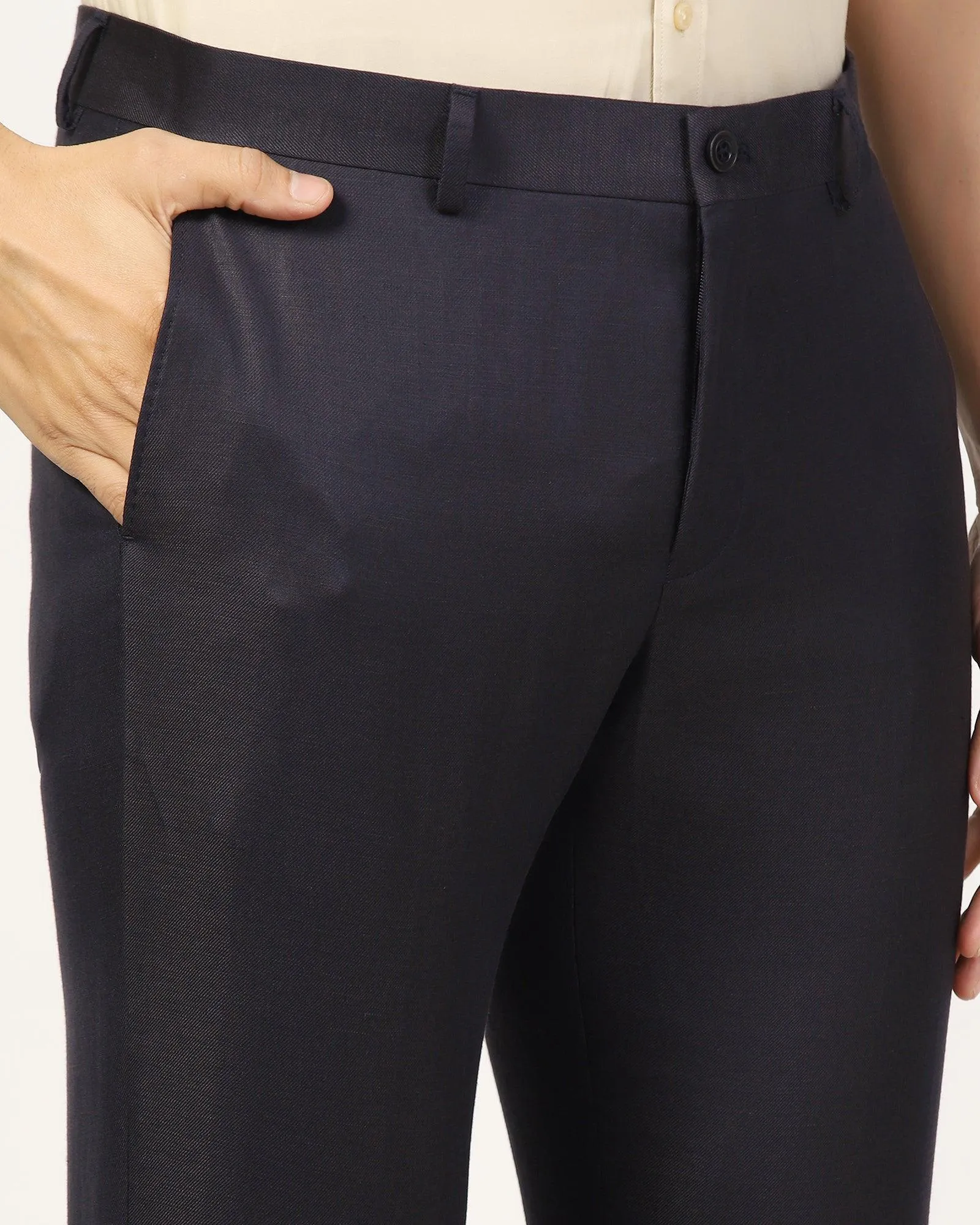 Luxe Linen Slim Comfort B-95 Formal Navy Solid Trouser - Platina