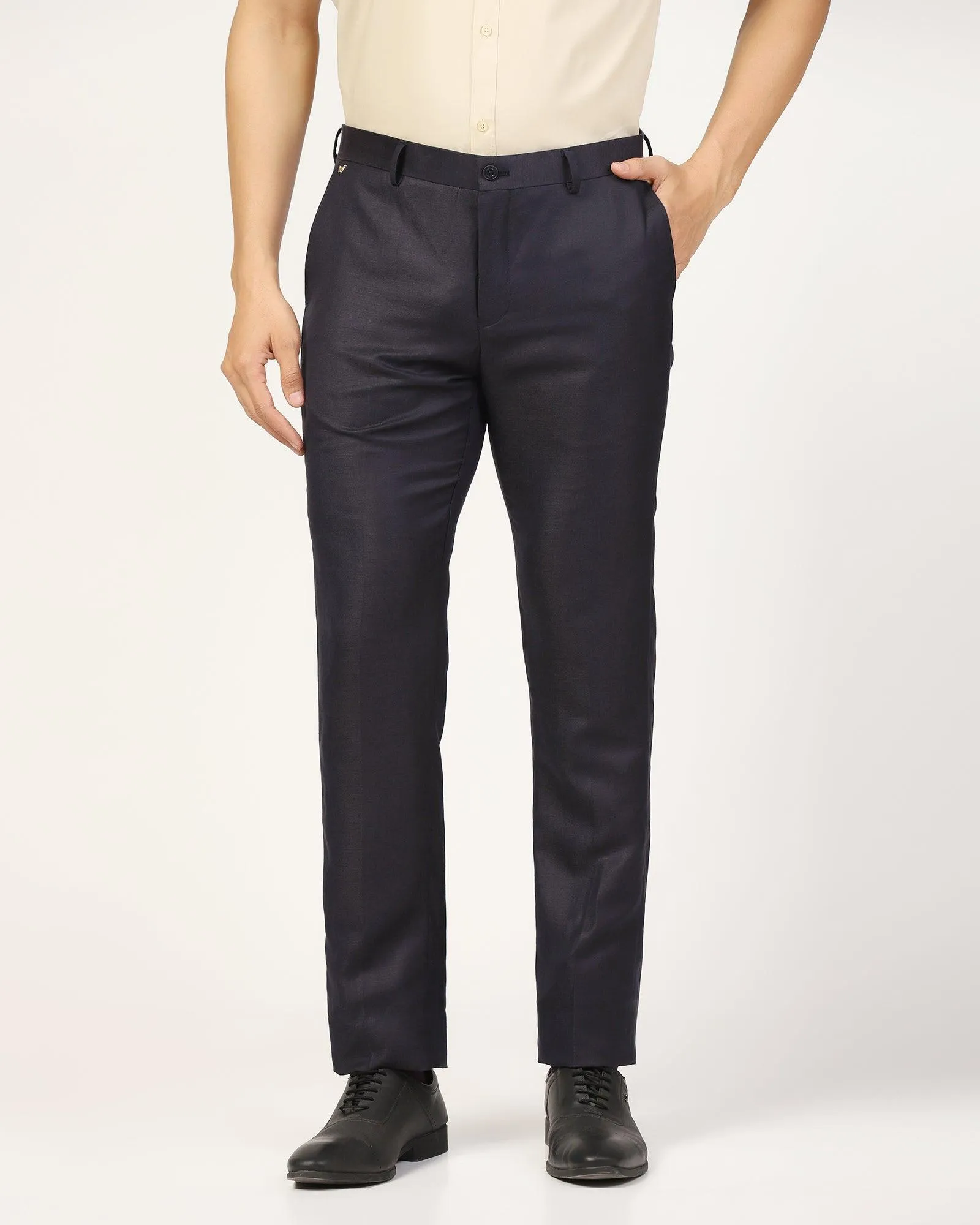 Luxe Linen Slim Comfort B-95 Formal Navy Solid Trouser - Platina