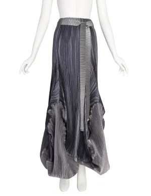 Mashiah Vintage Avant Garde Blue Grey Metallic Bubble Plisse Pleated Maxi Skirt