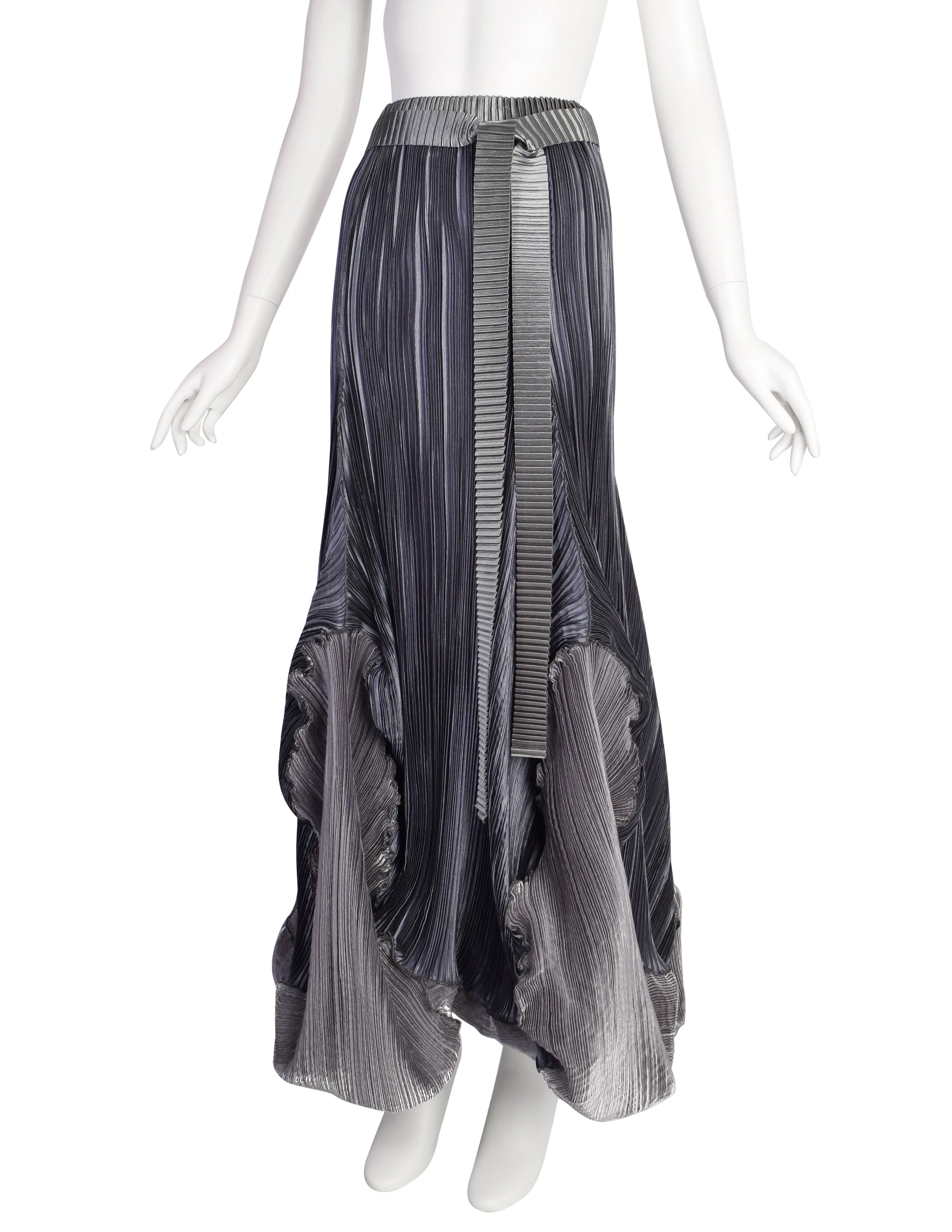 Mashiah Vintage Avant Garde Blue Grey Metallic Bubble Plisse Pleated Maxi Skirt