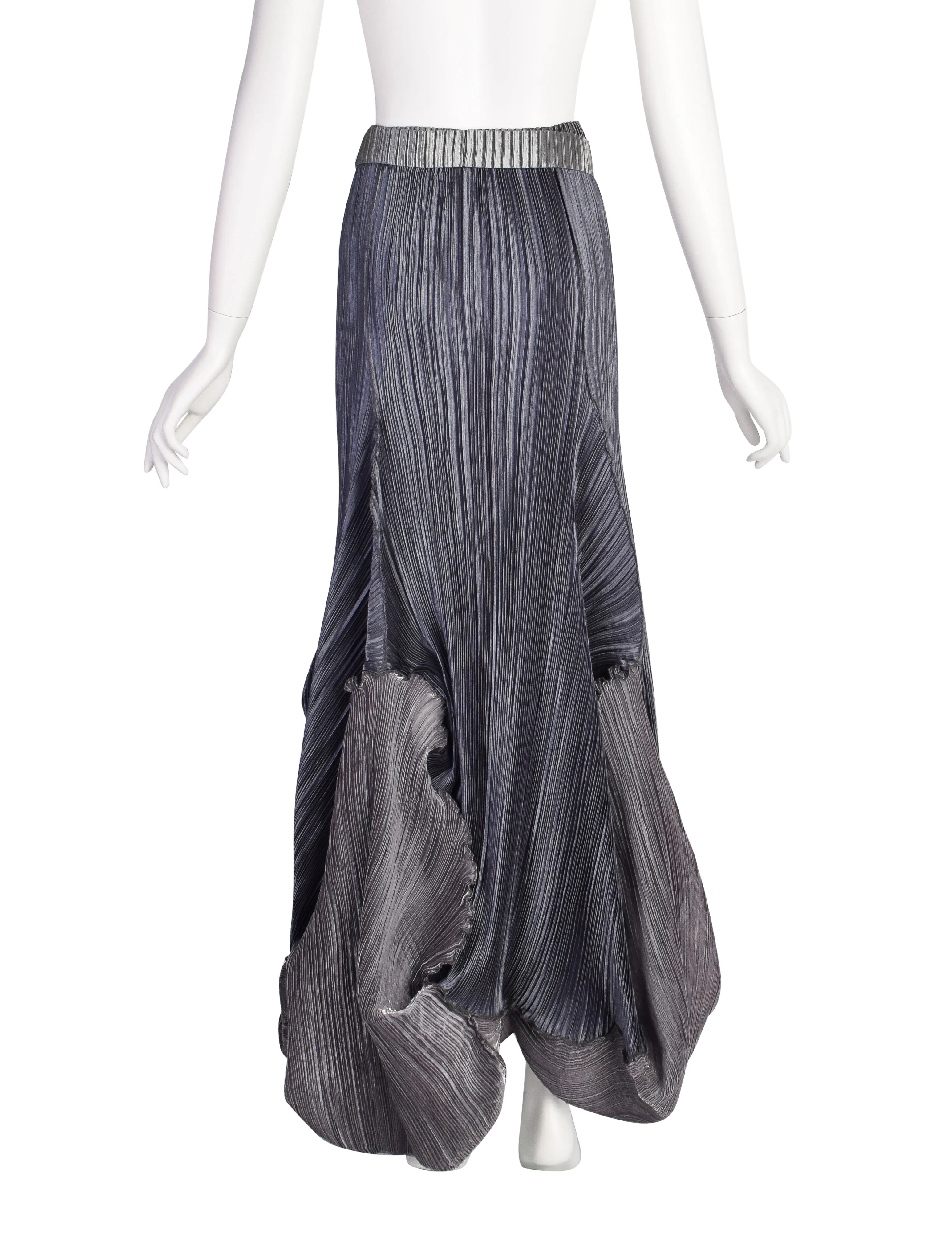 Mashiah Vintage Avant Garde Blue Grey Metallic Bubble Plisse Pleated Maxi Skirt