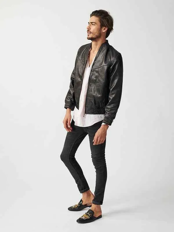 Mens Berlin Collarless Leather Jacket