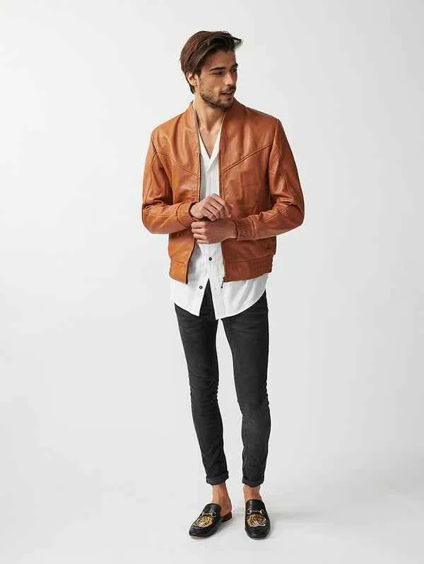 Mens Berlin Collarless Leather Jacket