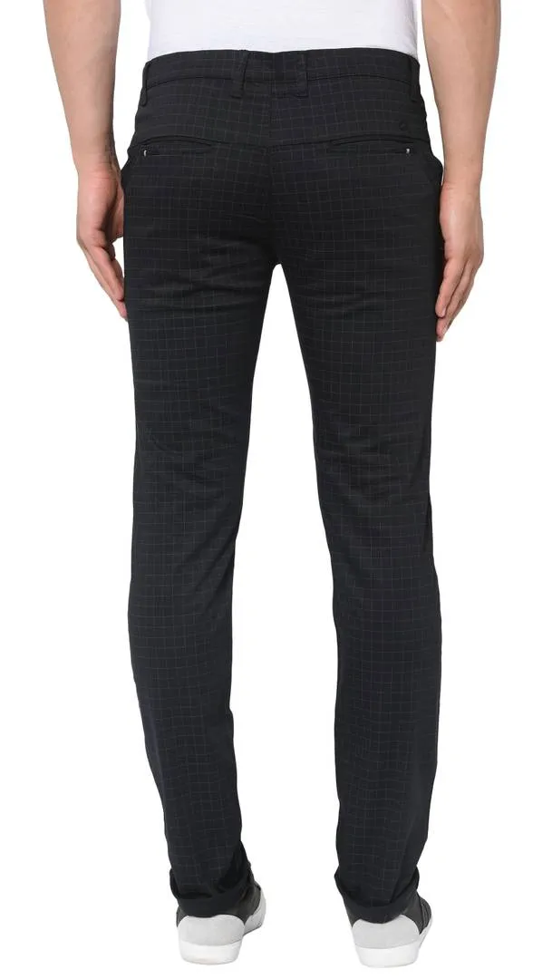 Men's Black Cotton Slim Fit Checked Trousers