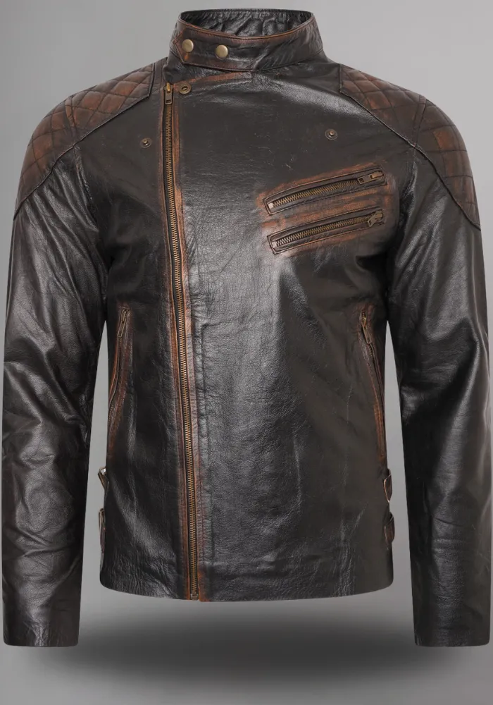 Mens Brown Vintage Motorcycle Cross Sign Leather Jacket