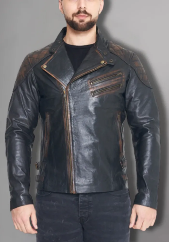 Mens Brown Vintage Motorcycle Cross Sign Leather Jacket