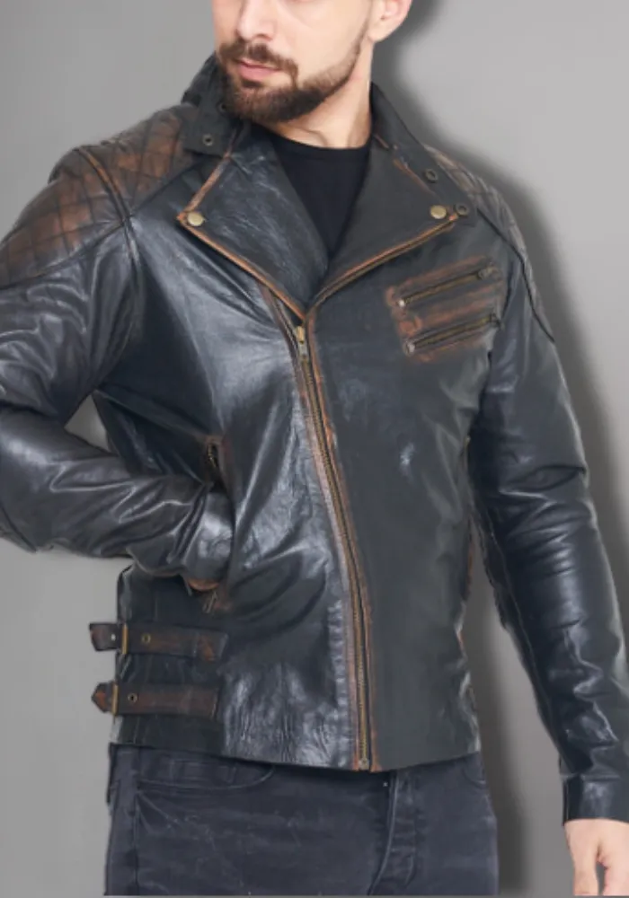 Mens Brown Vintage Motorcycle Cross Sign Leather Jacket