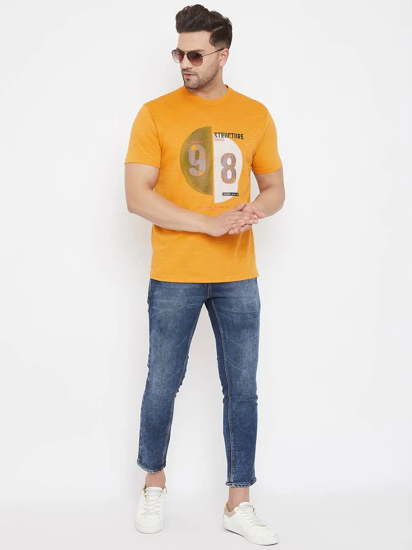 Men's Mustard Printed Cotton Round Neck Tees