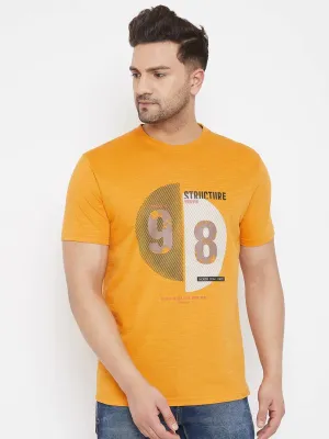 Men's Mustard Printed Cotton Round Neck Tees