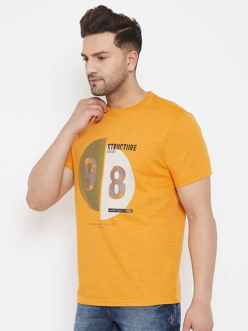 Men's Mustard Printed Cotton Round Neck Tees