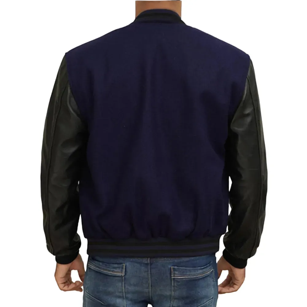 Mens Navy Blue And Black Leather Varsity Jacket