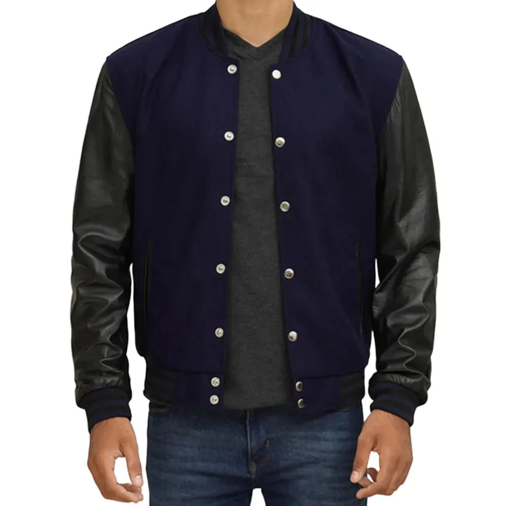 Mens Navy Blue And Black Leather Varsity Jacket