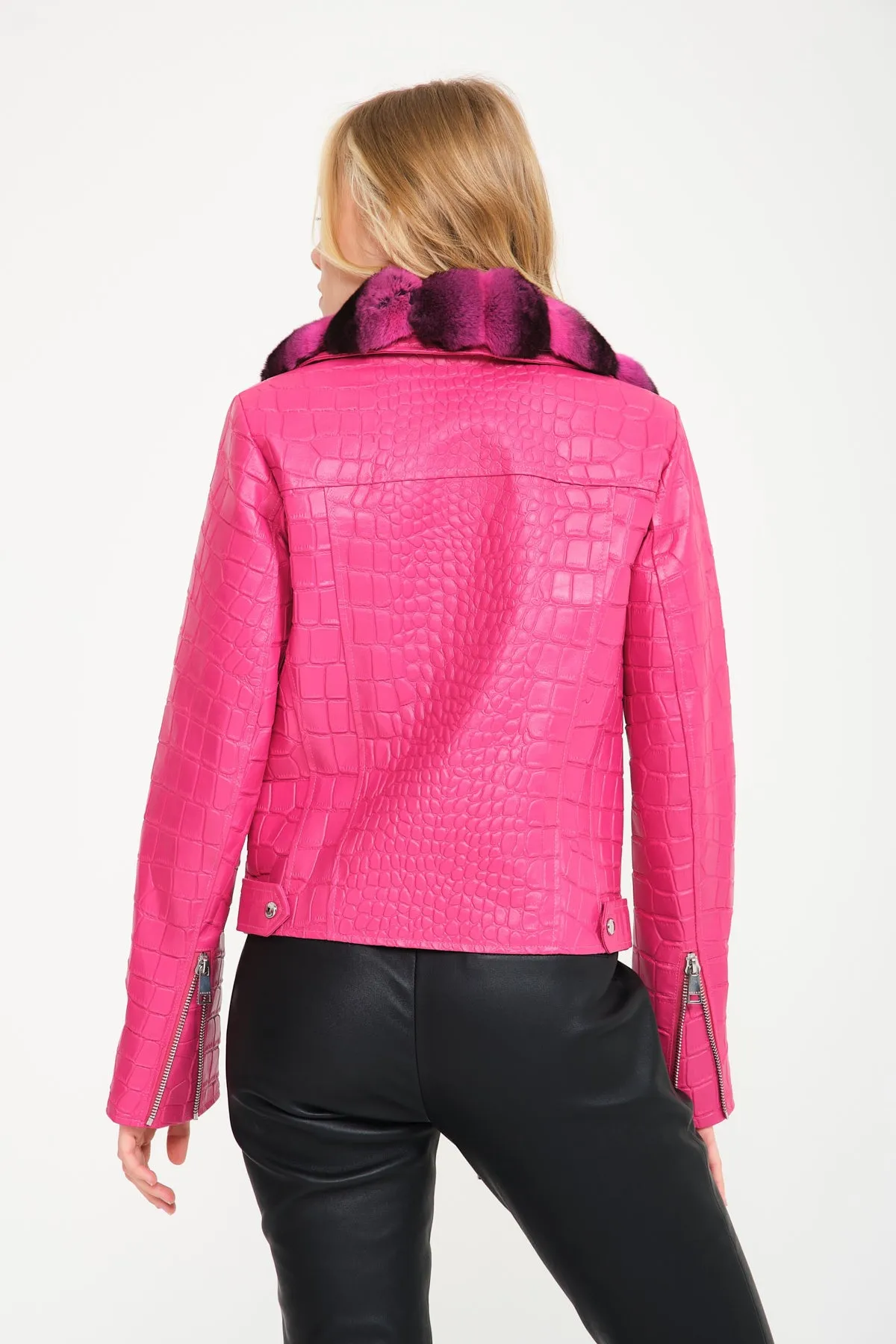 Pink Crocodile Pattern Chinchilla Collar Jacket