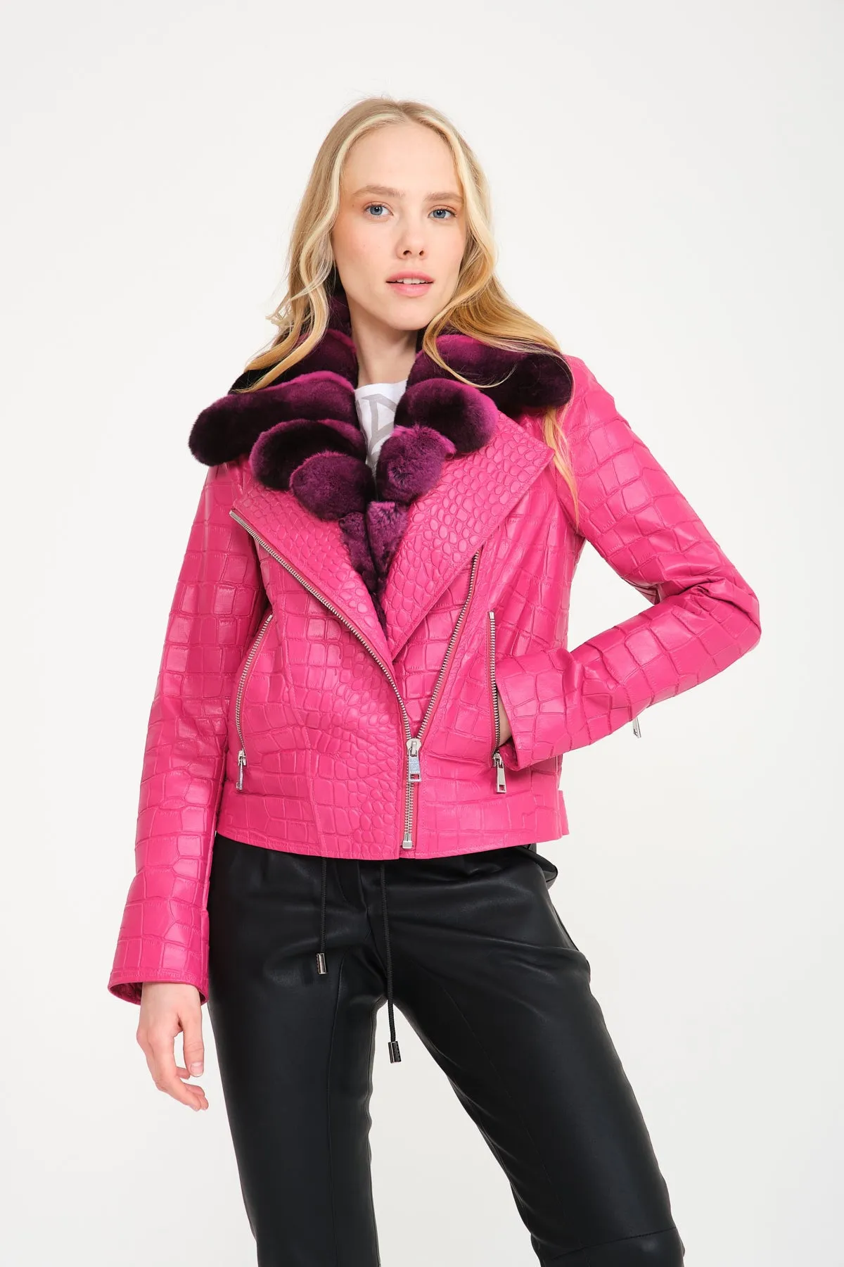 Pink Crocodile Pattern Chinchilla Collar Jacket