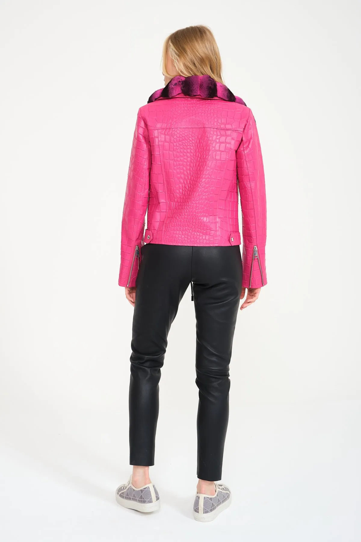 Pink Crocodile Pattern Chinchilla Collar Jacket