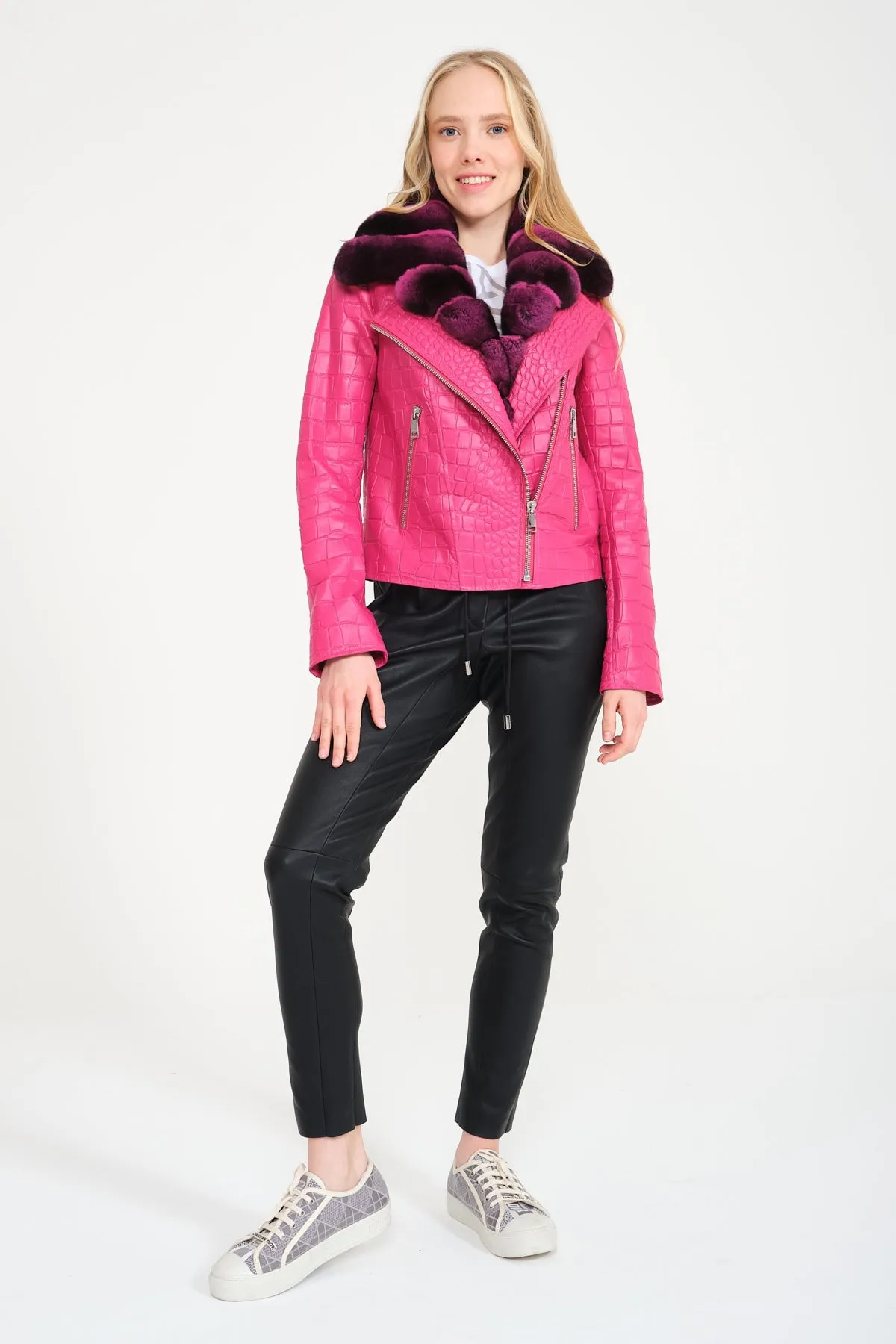 Pink Crocodile Pattern Chinchilla Collar Jacket