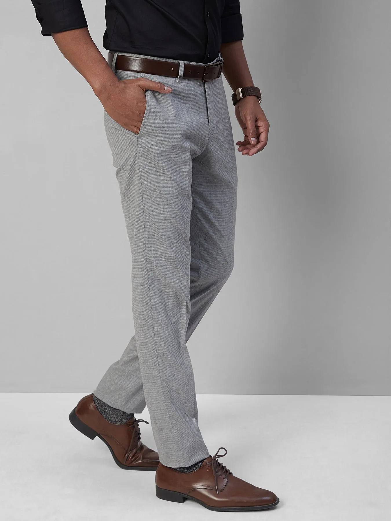 Poly Viscose Stretch Grey Plain Ultra Slim Fit Flat Front Formal Trouser